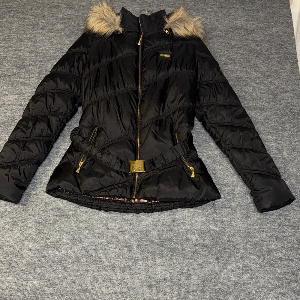 Apple Bottoms Black Puffer Animal Print Jacket with Faux Fur Trim XS